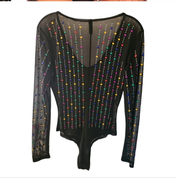 NWOT Sheer Mesh Black Rainbow Gem Rhinestone Long Sleeve Bodysuit Size Medium - Picture 3 of 4